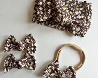 Brown Daisy Ribbed Knit Baby Headband, Toddler Pigtail Bows, Nylon Headband Set