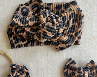 Leopard Rib Knit Baby Head Wrap, Pigtail Hair Bow Set, Knot Bow Cheetah