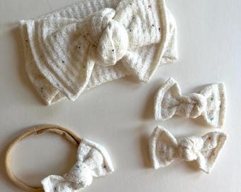 Confetti Speckle Waffle Knit Headwrap, Toddler Knot Bow Headband, Newborn Photography Prop