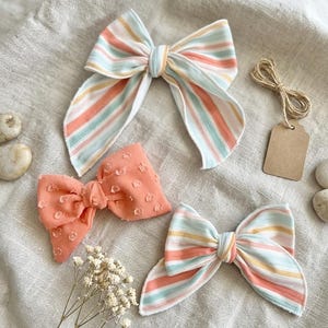 Pastel Stripe Coral Dot Hair Bow Set, Toddler Girl Spring, Cotton Knit Handmade Bows