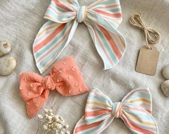 Pastel Stripe Coral Dot Hair Bow Set, Toddler Girl Spring, Cotton Knit Handmade Bows