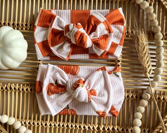 Pumpkin and Checkered Fall Theme - Set of 2, Halloween Hair Bow
