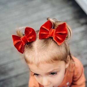 K&ouml;nnte beinhalten: Ein kleines Kind mit zwei roten Samtb&auml;ndern im Haar. Die Schleifen sind in einer klassischen Schleifenform gebunden und sind in einem leuchtenden, kr&auml;ftigen Rot.