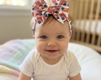 Patriotic American Flag Baby Bow Headwrap, 4th of July Hair Accessory