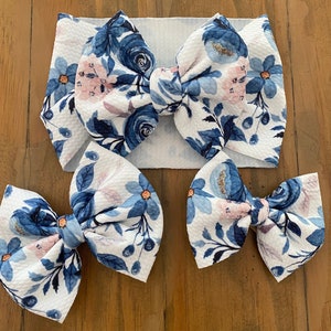 Blue Floral Baby Head wrap, Hair bow, headband, Newborn, Baby, Infant, Toddler, Girl