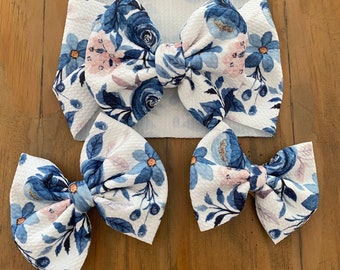 Blue Floral Baby Head wrap, Hair bow, headband, Newborn, Baby, Infant, Toddler, Girl