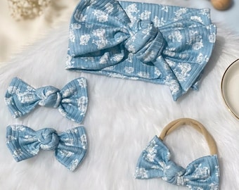 Blue Floral Baby Head Wrap: Newborn Hair Bow & Pigtail Clips