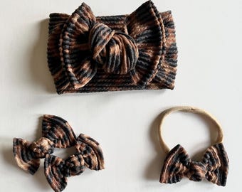 Leopard Print Rib Knit Baby Bows | Headwrap, Nylon Headband & Pigtail Clips
