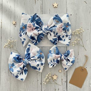 Indigo Blue Floral Baby Bows, Newborn Headwrap, Toddler Hair Clip Set, Boho Fabric Accessories