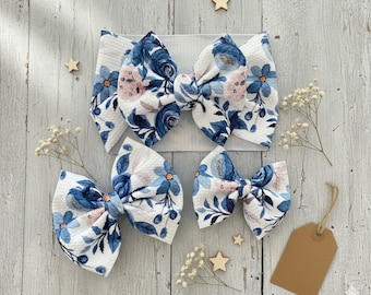 Indigo Blue Floral Baby Bows, Newborn Headwrap, Toddler Hair Clip Set, Boho Fabric Accessories