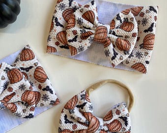 Halloween Pumpkin Bat Spider Web Bow, Stretch Fabric Headband Clip Wrap