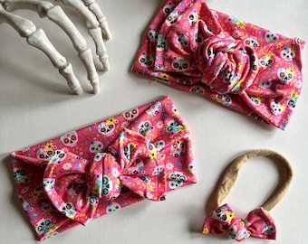 Halloween Baby Headband | Pink Sugar Skull Hair Bow | Day of the Dead Headwrap | Newborn Toddler Girl Autumn Hair Accessory