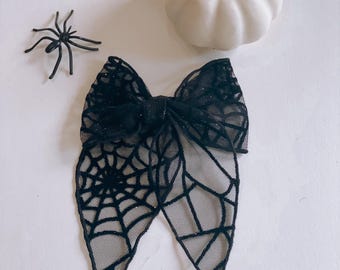 Halloween Spider Web Hair Bow, Mesh Fabric Clip