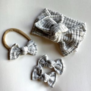 Soft Sweater Knit Baby Head Wrap, White Gray Bow, Nylon Headband, Toddler Pigtail Clips