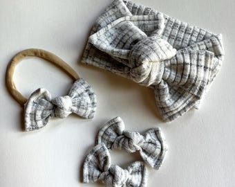Soft Sweater Knit Baby Head Wrap, White Gray Bow, Nylon Headband, Toddler Pigtail Clips