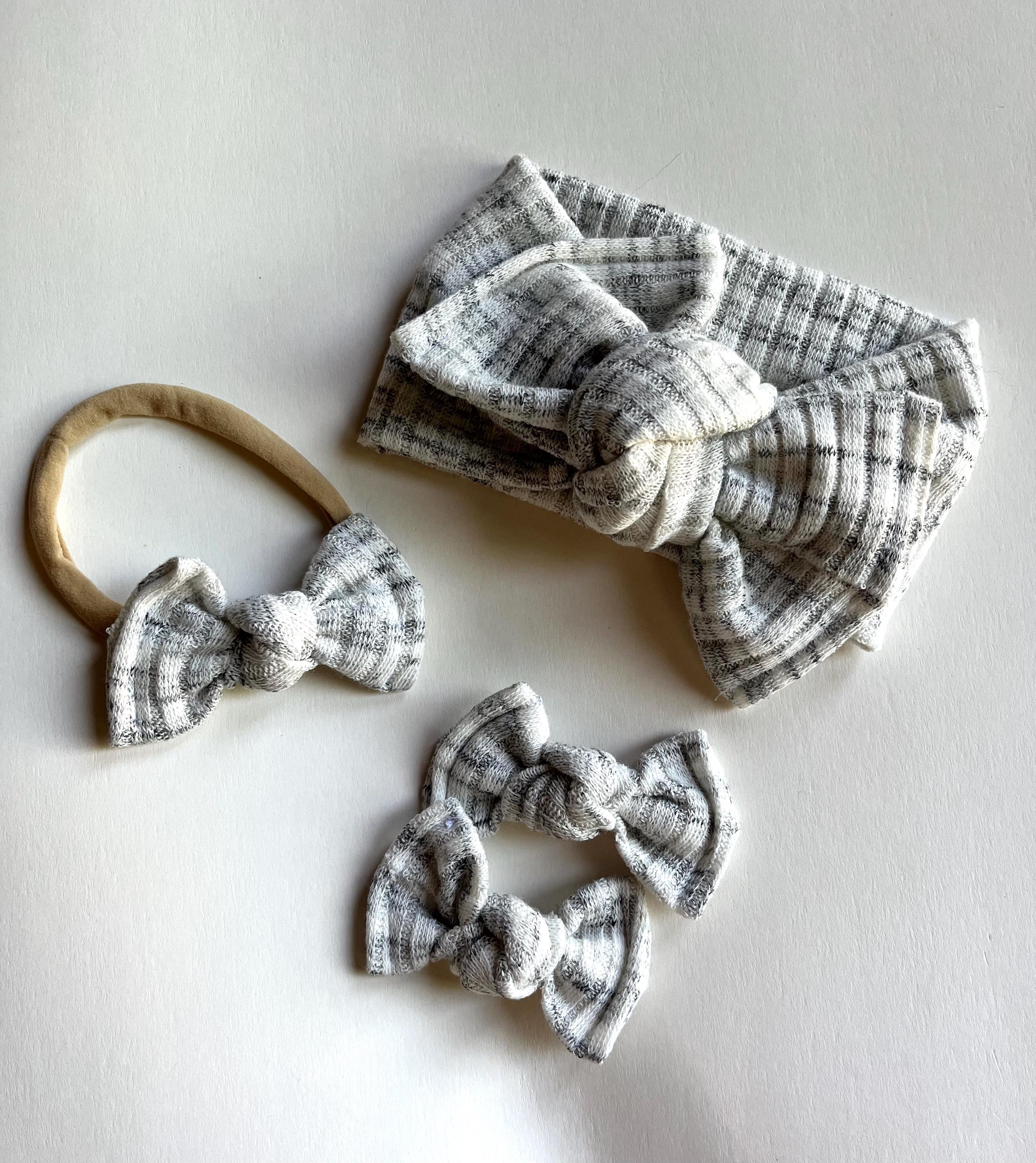 Soft Sweater Knit Baby Head Wrap, White Gray Bow, Nylon Headband, Toddler Pigtail Clips