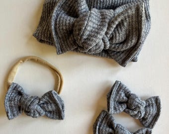 Gray Sweater Knit Bow, Toddler Pigtails, Newborn Head Wrap