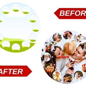 May include: A before-and-after image of a custom clock design. The "before" image shows a blank clock face with a green and white design. The "after" image shows a clock with family photos.