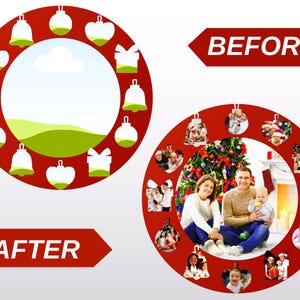 Könnte beinhalten: Ein roter, kreisförmiger Weihnachts-Fotorahmen mit weißer Mitte, verziert mit grünen und weißen Ornamenten. Die Texte "Vorher" und "Nachher" werden auf roten Bannern angezeigt. Das "Nachher"-Bild zeigt Familienfotos.