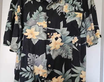 Vintage La Cabaña Aloha Hawaiian shirt, black with yellow and green floral design, men's island fashion, sz XXL, short sleeve, button down