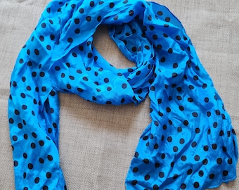 Vintage Ray Strauss silk scarf, turquoise blue with black polka dots, made in Japan, high quality, whimsical classic retro style