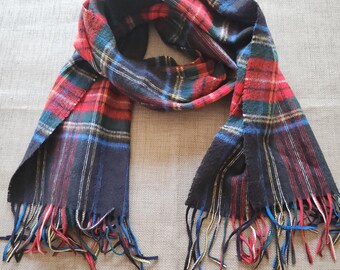 Vintage Tartan Plaid scarf, 100% acrylic, made in Western Germany, black, red, green, high quality, classic traditional style, 48x11 inches