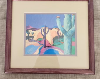 Indian Summer art print by Downe Burns, famous Texas artist; professionally framed and matted; 9"x10"; desert cactus southwestern landscape