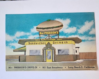 Mac Pherson's Drive-In restaurant, Long Beach, CA, vintage art tone linen postcard, blank, rare post card, 1950s, advertising souvenir