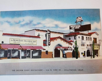 Brown Derby Restaurant and Shop, LA, Hollywood, CA, vintage art tone linen postcard, blank, rare post card, 1950s, advertising souvenir