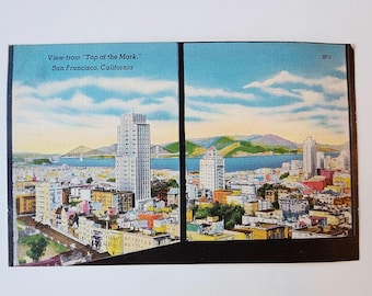 San Francisco, California view, Top of the Mark, Nob Hill neighborhood, vintage linen postcard, blank, rare post card, 1950s, made in USA