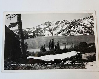 Long Lake, stepped on a snake, Lakes Basin, CA, vintage photo RPPC postcard, black & white, used, US 3 cent stamp, rare post card 1950