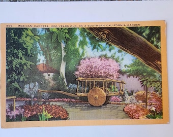 Mexican Carretta in Garden in Old Town San Diego, CA, vintage art tone linen postcard, blank, rare post card, 1950s, travel souvenir