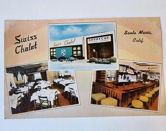 Swiss Chalet Restaurant, Santa Maria, California, vintage art tone linen postcard, blank, rare post card, 1950s, advertising souvenir