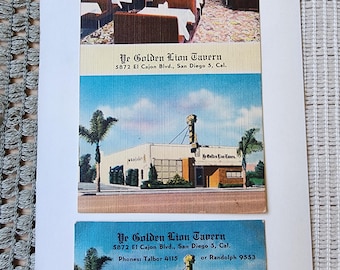 Ye Golden Lion Tavern restaurant, San Diego, California, vintage linen blank postcard and business card, set of 2, 1950s, advertising cards