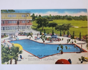 Country Club Hotel, Hollywood, CA, "call me" message, vintage linen postcard, written, mailed, US 1 cent stamp, canceled, rare postcard 1951