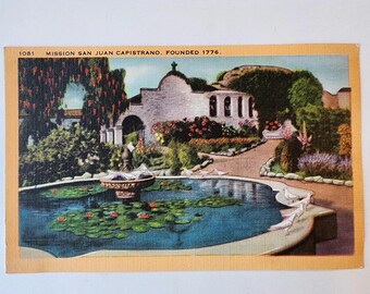 Mission San Juan Capistrano, California, church and fountain, vintage art tone linen postcard, blank, rare post card, 1950s, travel souvenir