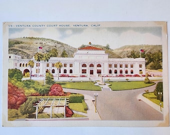 Ventura County Courthouse, California, San Buenaventura, vintage art tone linen postcard, blank, rare post card, 1950s, historic souvenir