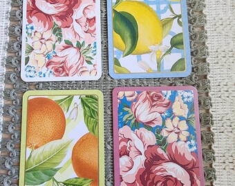 4 Single Vintage Playing Cards, fruits, roses, oranges & lemons designs for swapping (swap cards), junk journals, paper collage, tag making