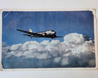 American Airlines Route of the Flagships, Douglas DC-3 postcard, written, mailed, US 5 cent air mail stamp, canceled, rare post card 1948