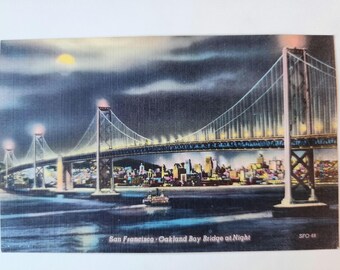 San Francisco Oakland Bay Bridge at Night, California, vintage linen postcard, blank, rare post card, 1950s, made in USA