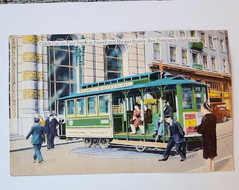 San Francisco cable car turn table, California, Powell and Market Street, vintage linen postcard, blank, rare post card, 1950s, made in USA