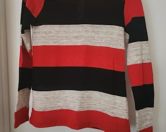 Vintage mid-century Switchmates sweater, women's size M medium, red, beige, black stripes, lightweight fabric, timeless traditional fashion