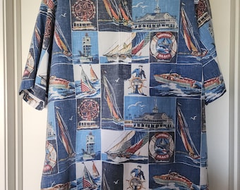 Vintage Reyn Spooner Aloha Hawaiian shirt, blue sailboat Newport Beach Centennial design, men's island fashion, sz XXL, made in Hawaii, 2006