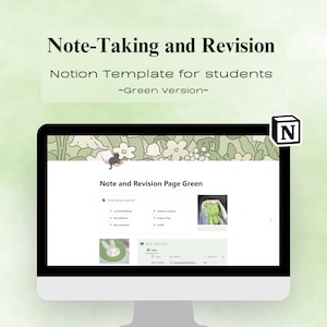 Notion テンプレート 大学生、メモ取りと修正チェックリスト、グリーン バージョン デジタル ダウンロード