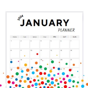 Puede incluir: Un planificador de enero de 2024 con una cuadrícula de calendario y puntos de colores. Los puntos están dispuestos en una línea curva en la parte inferior del calendario. Las palabras "Estudio" y "Trabajo" están escritas debajo del calendario.