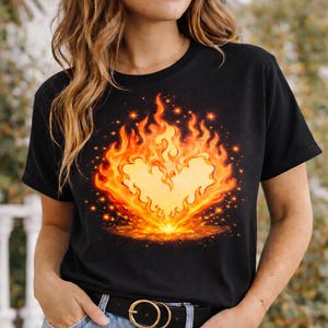 May include: Black t-shirt featuring a fiery heart design in shades of orange and yellow, with a sparkling effect. The shirt is paired with blue jeans and a black belt with a gold buckle.