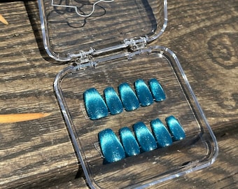 teal blue cat eye press on nails