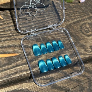 teal blue cat eye press on nails