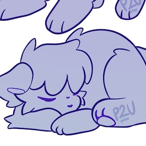 Puede incluir: Dos ilustraciones de un gato morado en diferentes poses. La primera muestra al gato de pie sobre sus patas traseras con las patas delanteras extendidas. La segunda muestra al gato acostado de lado con la cabeza apoyada en sus patas. Ambas ilustraciones están delineadas en un morado más oscuro.