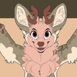 May include: A cartoon illustration of a fawn-colored canine with antlers, pink fur, and brown spots. The canine is shown in three poses: standing, facing forward with arms raised, and lying down.